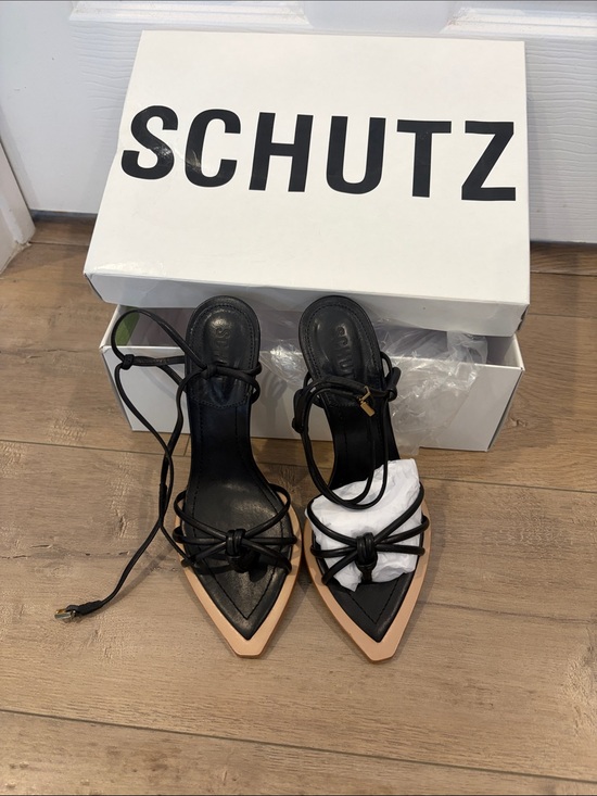 SCHUTZ Shoes - SCHUTZ Black Lace-Up Pointed Heels with Nude Trim